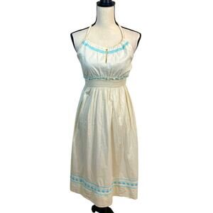 Old Navy Cream and Turquoise Embroidery Halter Dress Size Small Boho Hippie